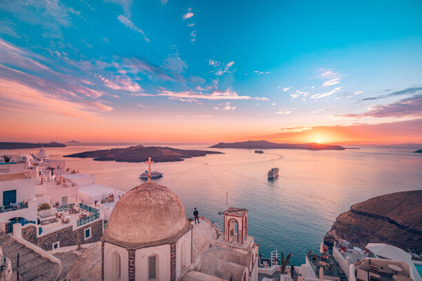 Levente Bodo Plakát, Obraz - Amazing evening view of Fira, caldera,, Levente Bodo, 40 × 26.7 cm