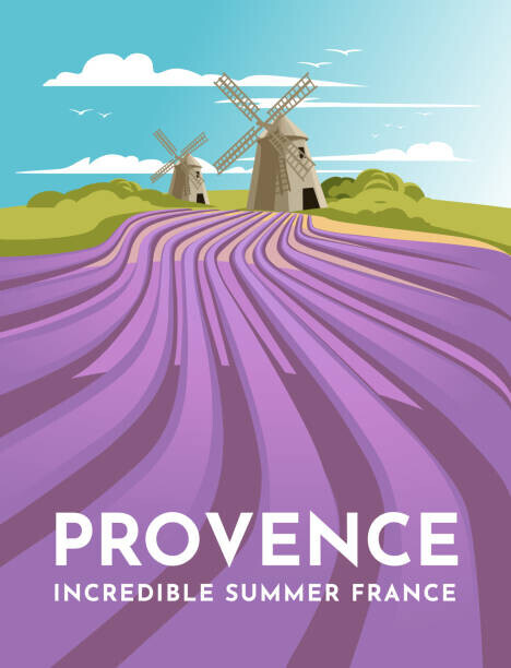 Mariia Agafonova Plakát, Obraz - Provence lavender fields and windmills. Classic, Mariia Agafonova, 30 × 40 cm