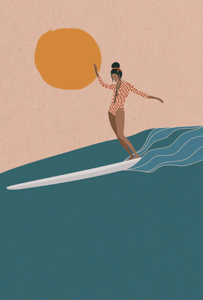 LucidSurf Plakát, Obraz - Female Longboard Surfer riding the wave,, LucidSurf, 26.7 × 40 cm