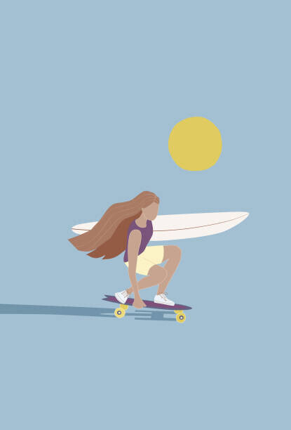 LucidSurf Plakát, Obraz - Flat illustration of surfer girl skating, LucidSurf, 26.7 × 40 cm