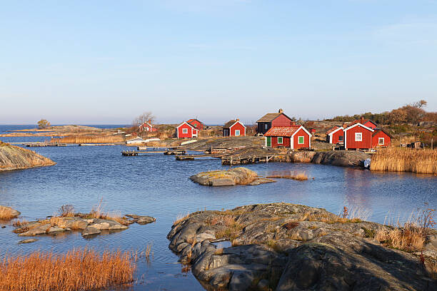Anders Sellin Plakát, Obraz - Small cottages in autumn i archipelago, Anders Sellin, 40 × 26.7 cm