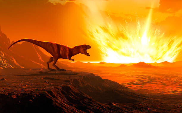 MARK GARLICK/SCIENCE PHOTO LIBRARY Plakát, Obraz - Tyrannosaurus observing asteroid impact, illustration, MARK GARLICK/SCIENCE PHOTO LIBRARY, 40 × 24.8 cm