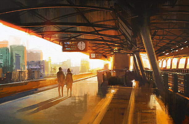 Grandfailure Plakát, Obraz - couple waiting a train on the station, Grandfailure, 40 × 26.7 cm