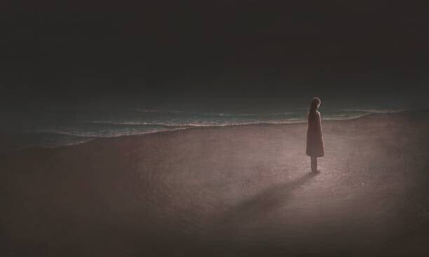 Jorm Sangsorn Plakát, Obraz - Woman alone with night sea, Jorm Sangsorn, 40 × 24 cm