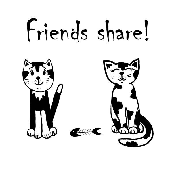 OlicS Plakát, Obraz - Two hand-drawn cats sharing a fish, OlicS, 40 × 40 cm