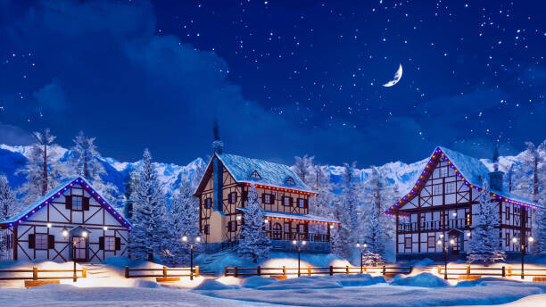 Marseas Plakát, Obraz - Snowbound alpine mountain town at winter night, Marseas, 40 × 22.2 cm
