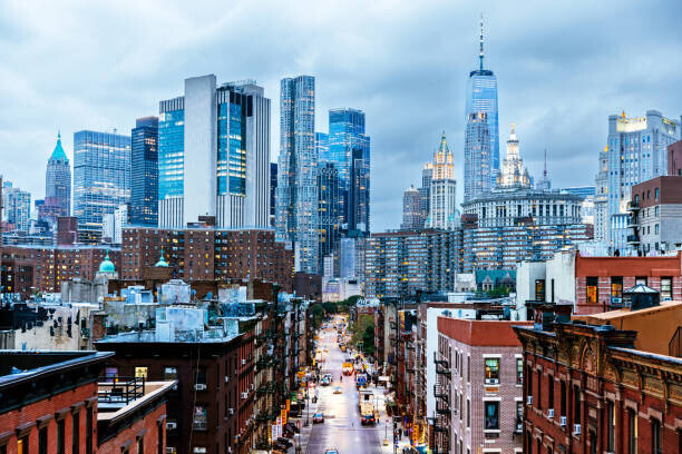 Alexander Spatari Plakát, Obraz - Illuminated Manhattan Financial District skyscrapers seen, Alexander Spatari, 40 × 26.7 cm