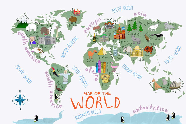 Carla Daly Plakát, Obraz - Illustrated World Map with Continents, Carla Daly, 40 × 26.7 cm