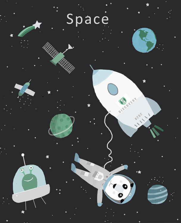 Carla Daly Plakát, Obraz - Funny Panda with Space Rocket, Carla Daly, 30 × 40 cm