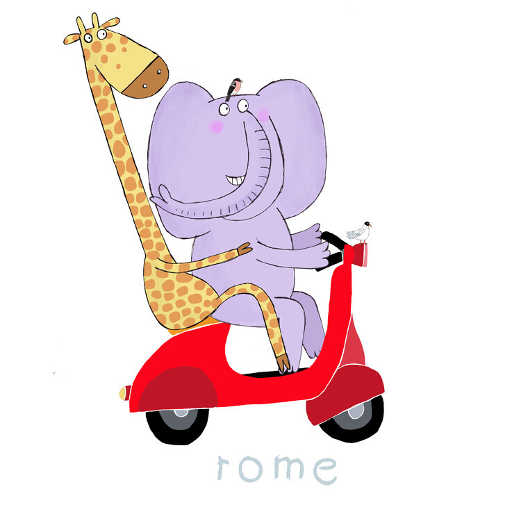 Carla Daly Plakát, Obraz - Giraffe and Elephant Travel in Rome, Carla Daly, 40 × 40 cm