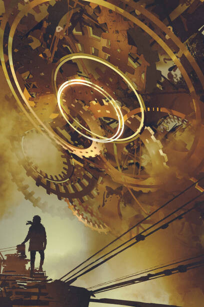 Grandfailure Plakát, Obraz - man standing against many big golden gears, Grandfailure, 26.7 × 40 cm