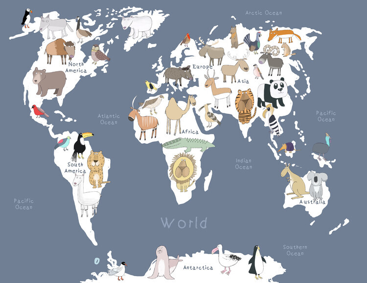 Carla Daly Plakát, Obraz - Illustrated Map of the World with Cute Animals, Carla Daly, 40 × 30 cm