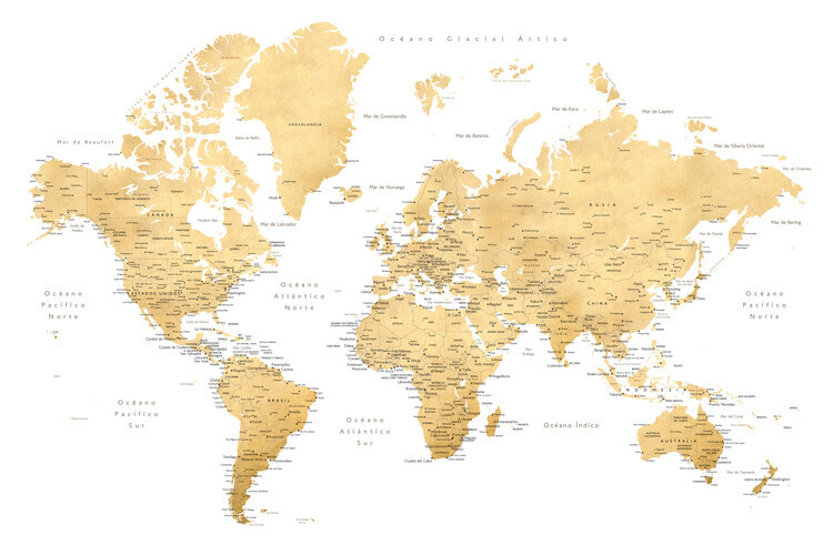 Blursbyai Plakát, Obraz - World map with labels in Spanish, gold effect, Blursbyai, 40 × 26.7 cm