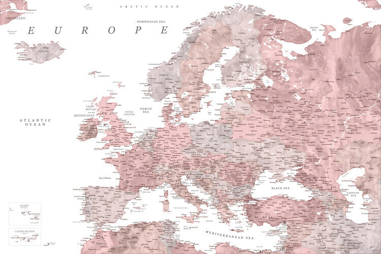 Blursbyai Plakát, Obraz - Detailed map of Europe in dusty pink and grey watercolor, Blursbyai, 40 × 26.7 cm