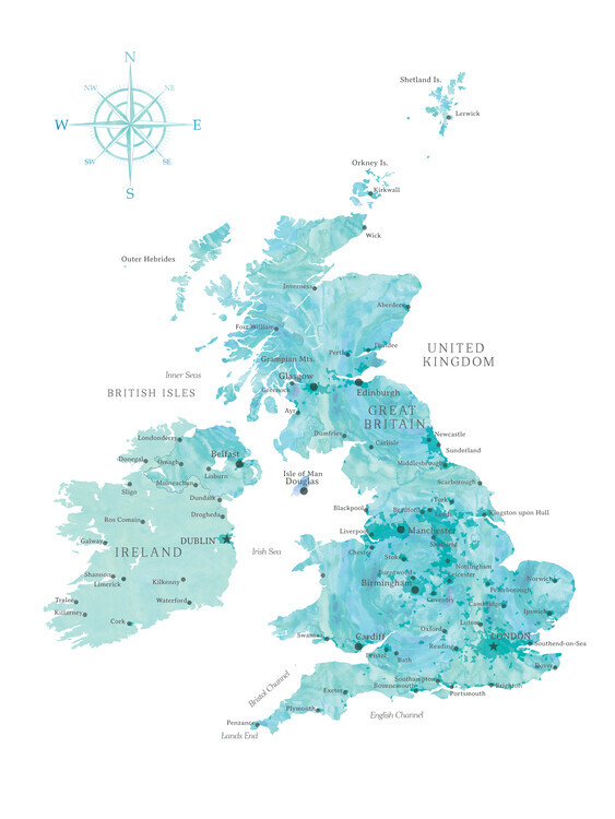 Blursbyai Plakát, Obraz - Aquamarine watercolor map of the British Islands, Blursbyai, 30 × 40 cm