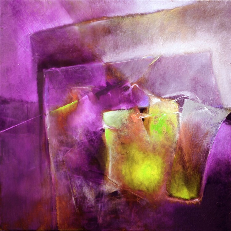 Annette Schmucker Plakát, Obraz - another moment on another day - yellow and purple, Annette Schmucker, 40 × 40 cm