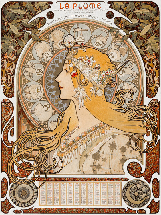 Alfons Mucha Plakát, Obraz - Zodiaque (La Plume), Alfons Mucha, 30 × 40 cm