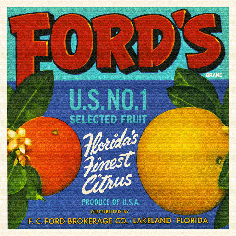 Florida Crate Labels Plakát, Obraz - Ford's Citrus Brand, Florida Crate Labels, 40 × 40 cm