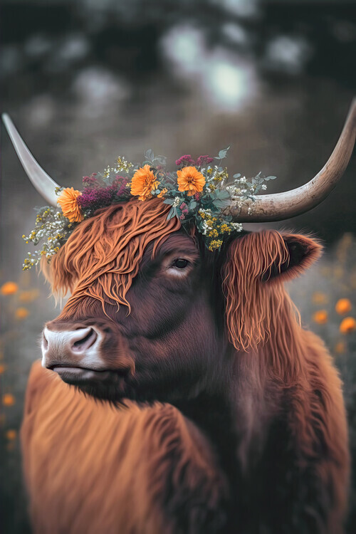 Treechild Plakát, Obraz - Highland Cow With Flowers, Treechild, 26.7 × 40 cm