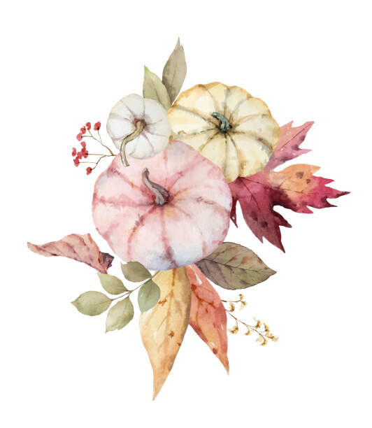 ElenaMedvedeva Plakát, Obraz - A watercolor vector bouquet for Thanksgiving, a greeting arrangement with colorful pumpkins, autumn branches and leaves isolated on white background., ElenaMedvedeva, 34.8 × 40 cm