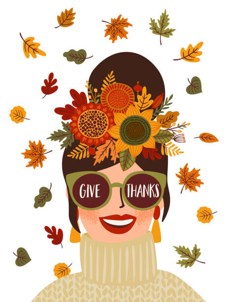 Nadezda_Grapes Plakát, Obraz - Happy Thanksgiving isolated illustration. Cute lady in wreath and glasses. Vector design for card, poster, flyer, web and other, Nadezda_Grapes, 30 × 40 cm