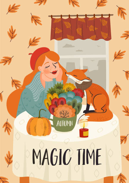 Nadezda_Grapes Plakát, Obraz - Cute girl with a fox. Autumn fairy tale illustration. Vector design for card, poster, flyer, web and other., Nadezda_Grapes, 30 × 40 cm