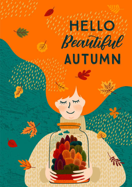 Nadezda_Grapes Plakát, Obraz - Autumn illustration with cute woman. Vector design, Nadezda_Grapes, 30 × 40 cm