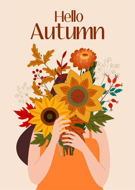 Taisiia Iaremchuk Plakát, Obraz - Autumn illustration with a cute girl and a bouquet of flowers. Vector flat design for card, poster, banner. Beautiful template., Taisiia Iaremchuk, 30 × 40 cm