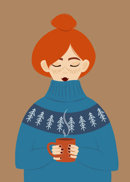 Kateryna Skriabina Plakát, Obraz - Girl in a warm sweater drinks a hot drink. Redhead girl with freckles in a huge cozy sweater holding a cup of hot chocolate., Kateryna Skriabina, 30 × 40 cm