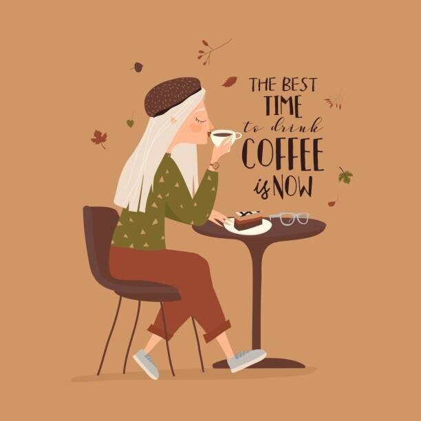 MashaStarus Plakát, Obraz - Cartoon beautiful girl drinking coffee at cafe, MashaStarus, 40 × 40 cm