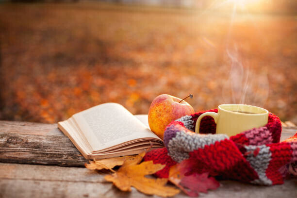 CherriesJD Plakát, Obraz - Tea mug with warm scarf open book and apple, CherriesJD, 40 × 26.7 cm