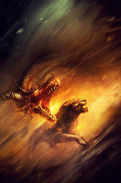 Roman Kybus Plakát, Obraz - fantasy dragon and panther baring their teeth, Roman Kybus, 26.7 × 40 cm