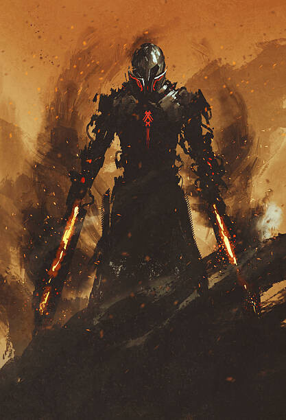 Grandfailure Plakát, Obraz - warrior posing with fire flame swords, Grandfailure, 26.7 × 40 cm