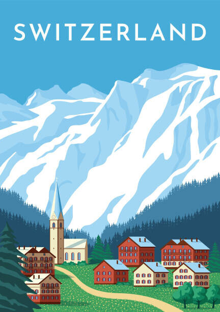 Rinat Khairitdinov Plakát, Obraz - Switzerland travel retro poster, nature vintage, Rinat Khairitdinov, 26.7 × 40 cm
