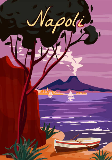 VectorUp Plakát, Obraz - Naples Retro Poster Italia. Mediterranean sea, VectorUp, 26.7 × 40 cm