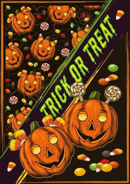 Olga Arsentyeva Plakát, Obraz - Halloween poster with pumpkin kids, sweets, text, Olga Arsentyeva, 30 × 40 cm