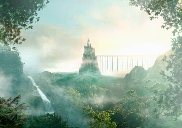 Colin Anderson Productions pty ltd Plakát, Obraz - Distant castle near waterfall, Colin Anderson Productions pty ltd, 40 × 26.7 cm