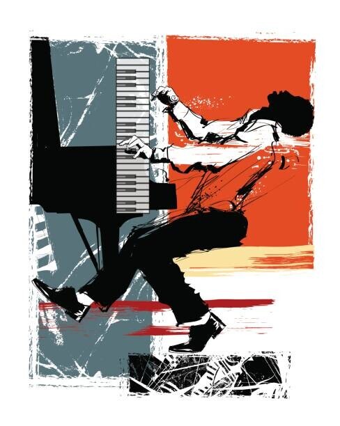 isaxar Plakát, Obraz - Jazz pianist on a grunge background, isaxar, 30 × 40 cm