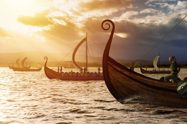 vlastas Plakát, Obraz - Viking ships on the water under, vlastas, 40 × 26.7 cm