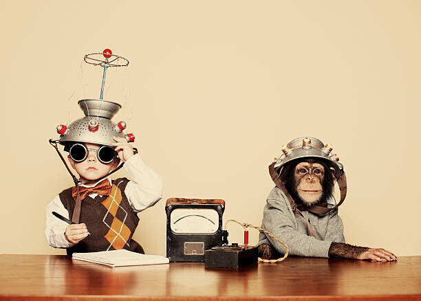 RichVintage Plakát, Obraz - Young Boy Nerd Reads Chimpanzee Mind, RichVintage, 40 × 30 cm