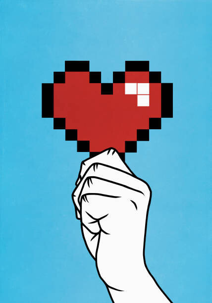 Malte Mueller Plakát, Obraz - Close up hand holding pixelated heart, Malte Mueller, 26.7 × 40 cm