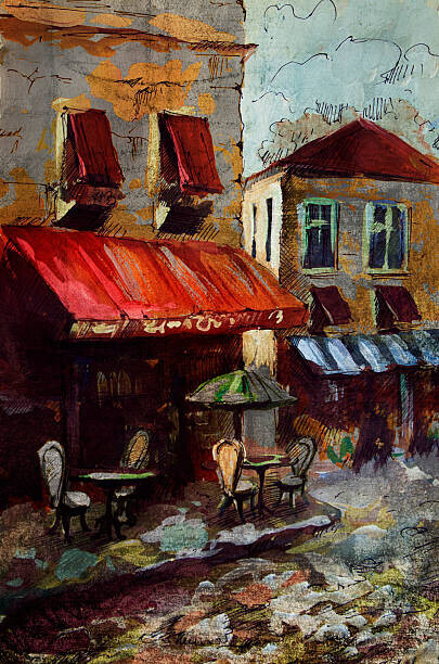 xolct Plakát, Obraz - European cafe, graphic drawing in color, xolct, 26.7 × 40 cm