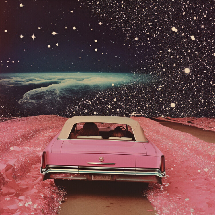 Samantha Hearn Plakát, Obraz - Pink Cruise in Space Collage Art, Samantha Hearn, 40 × 40 cm