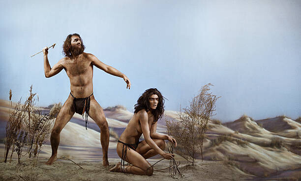 Rebecca Handler Plakát, Obraz - Prehistoric man next to  woman kneeling, Rebecca Handler, 40 × 24 cm