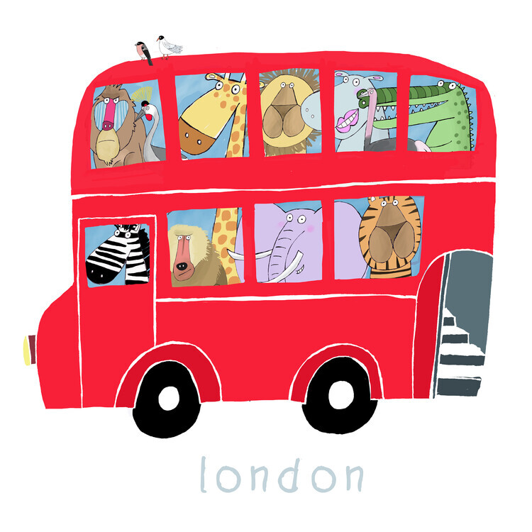 Carla Daly Plakát, Obraz - Red London Bus with Jungle Animals, Carla Daly, 40 × 40 cm