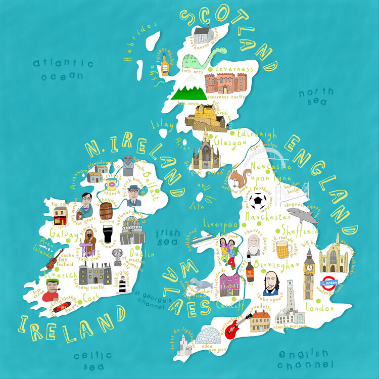 Carla Daly Plakát, Obraz - Map of UK and Ireland with Country Icons, Carla Daly, 40 × 40 cm