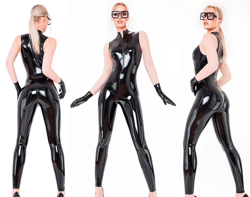 Dámský latexový catsuit bez rukávů - přední zip