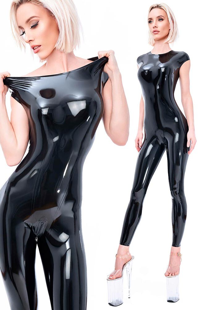 Bezzipový latexový catsuit dámský - bez rukávů
