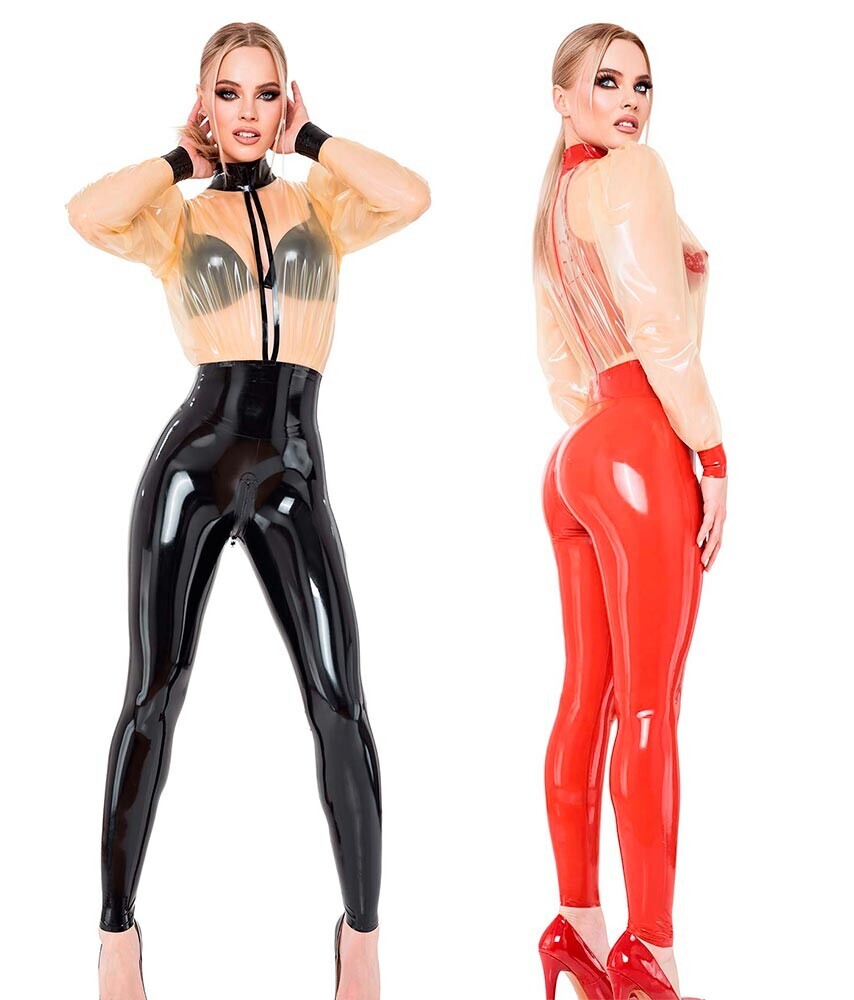 Latexový catsuit s volným transparentním topem - otevřený dekolt