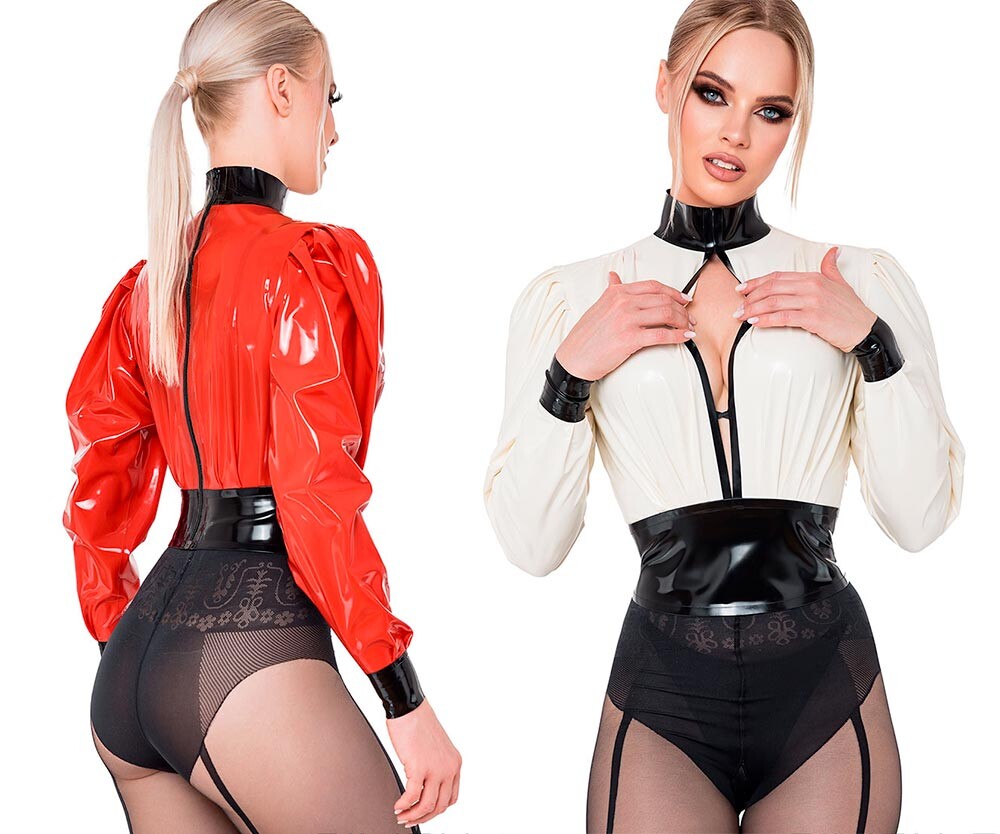Latexová halenka se zpevněným pasem - otevřený dekolt